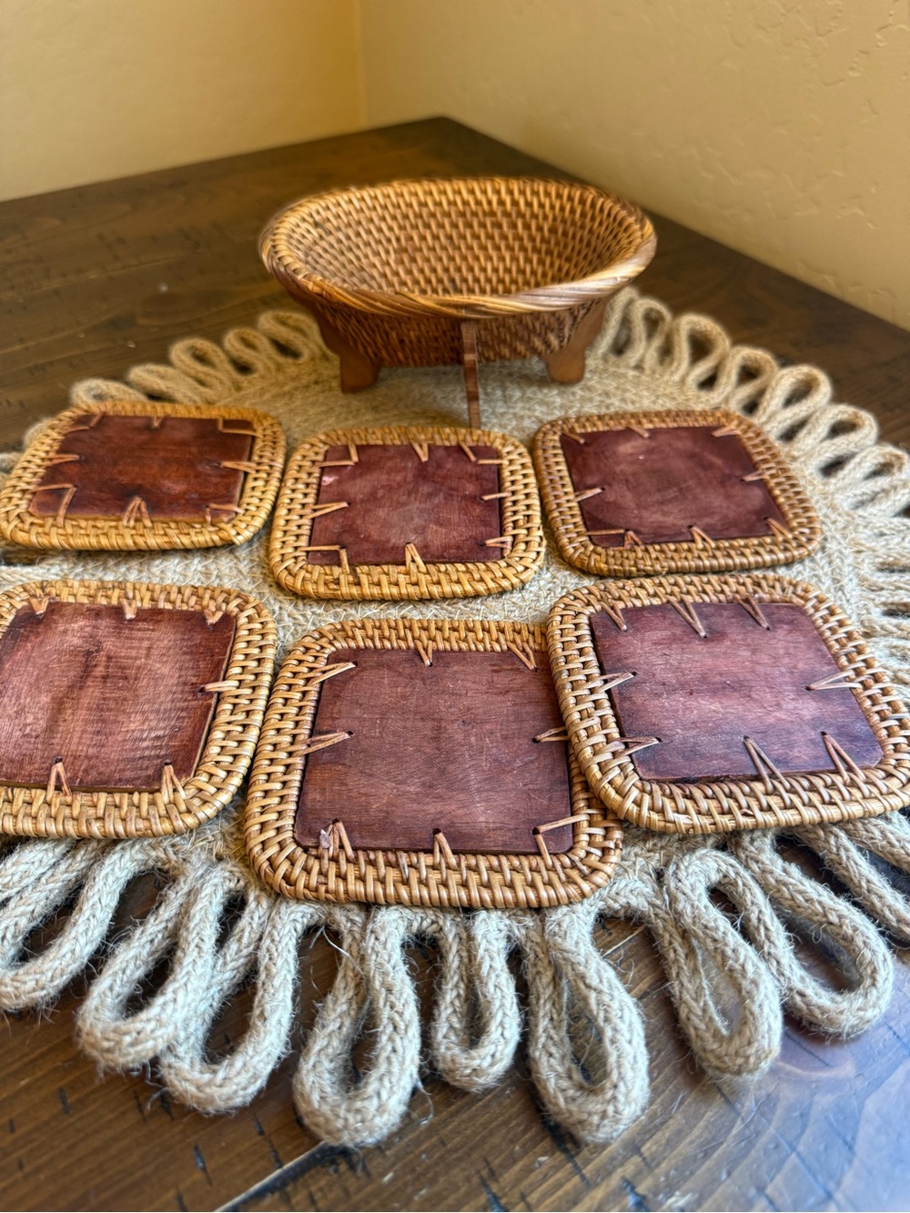 Vintage Woven Rattan & Wood Coaster Set with Footed Basket Caddy Set of 6 Boho